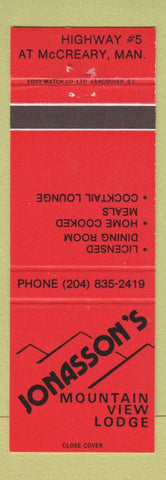 Matchbook Cover - Jonasson's Mountain View Lodge McCreary MB