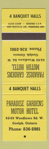 Matchbook Cover - Paradise Gardens Motor Hotel Guelph ON YELLOW