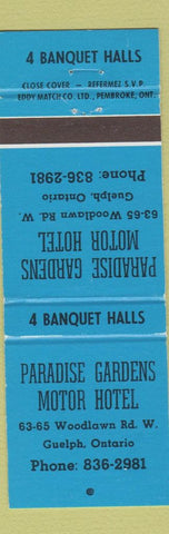 Matchbook Cover - Paradise Gardens Motor Hotel Guelph ON BLUE WEAR