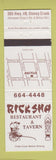 Matchbook Cover - Ricksha Restaurant Tavern Stoney Creek ON Tiki