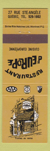 Matchbook Cover - Restaurant D Europe Quebec QC