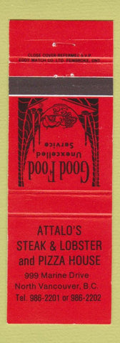 Matchbook Cover - Attalo's Steak Lobster Pizza North Vancouver BC