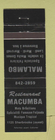 Matchbook Cover - Malambo Macumba Montreal QC