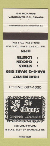 Matchbook Cover - Sir Edgar's Restaurant Vancouver BC