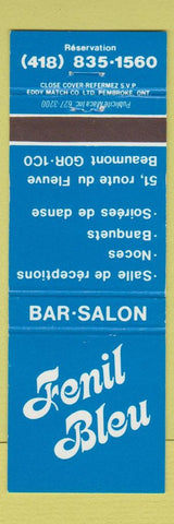 Matchbook Cover - Fenil Bleu Restaurant Beaumont QC