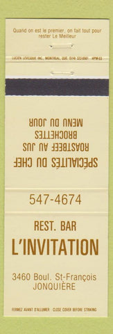 Matchbook Cover - Restaurant Bar L Invitation Jonquiere QC
