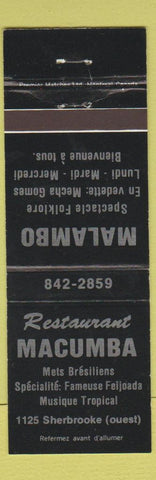 Matchbook Cover - Restaurant Macumba Malambo Montreal QC