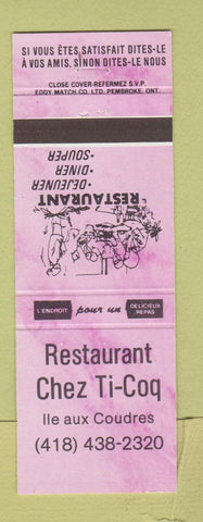 Matchbook Cover - Restaurant Chez Ti Coq QC Lle Aux Coudres