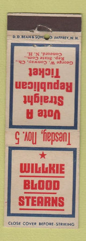 Matchbook Cover - Wendell Willkie President Election 1940 Concord NH WEAR