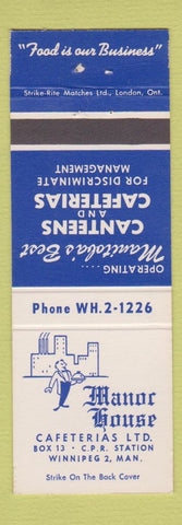 Matchbook Cover - Manor House Cafeterias Winnipeg MB #2