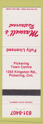 Matchbook Cover - Maxwell's Restaurant Pickering ON