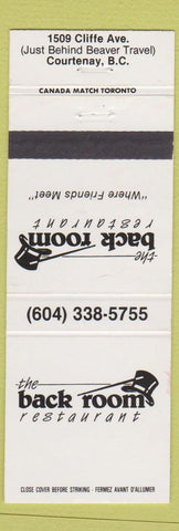 Matchbook Cover - The Back Room Restaurant Courtenay BC