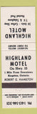 Matchbook Cover - Highland Motel Kingston ON
