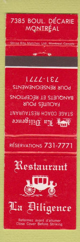 Matchbook Cover - Restaurant La Diligence Montreal QC
