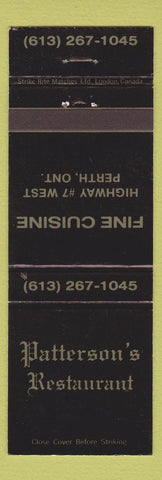 Matchbook Cover - Patterson's Restaurant Perth ON