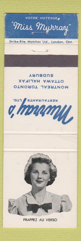 Matchbook Cover Murray's Restaurants Montreal Toronto Ottawa Halifax girlie WEAR
