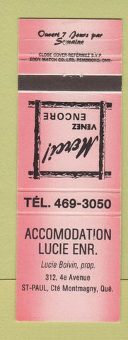 Matchbook Cover - Accomodation Lucie Montmagny QC