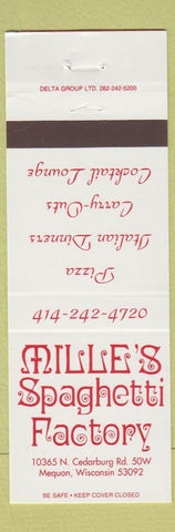 Matchbook Cover - Millie's Spaghetti Factory Mequon WI Pizza