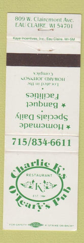 Matchbook Cover - Charlie K's O'Learys Pub Eau Claire WI WEAR