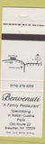 Matchbook Cover - Benvenuti Italian Restaurant Brewster NY Pizza