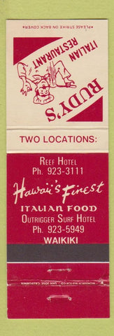 Matchbook Cover - Rudy's Italian Restaurant Waikiki Hawaii Reef Hotel