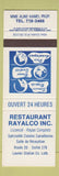 Matchbook Cover - Restaurant Rayalco QC
