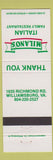 Matchbook Cover - Milano's Italian Family Restaurant Williamsburg VA