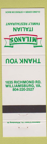 Matchbook Cover - Milano's Italian Family Restaurant Williamsburg VA
