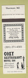Matchbook Cover - Cozy Restaurant Motel Inn Thurmont MD WEAR