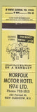 Matchbook Cover - Norolk Motor Hotel 1974 New Glasgow NS