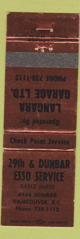 Matchbook Cover - 29th and Dunbar Esso oil gas Langara Garage Vancouver BC WEAR