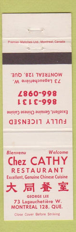 Matchbook Cover - Chez Cathy Chinese Restaurant Montreal QC