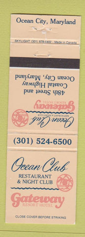 Matchbook Cover - Ocean Club Restaurant Gateway Hotel Ocean City MD