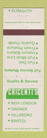 Matchbook Cover - Cricenti's New London Warner Hillsboro Plymouth NH