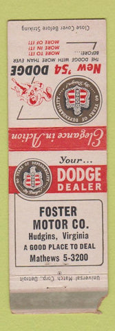Matchbook Cover - 1954 Dodge Foster Motors Hudgins VA POOR STRIKER