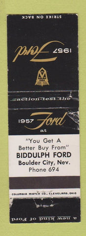 Matchbook Cover - 1957 Ford Biddulph Boulder City NV low phone WORN