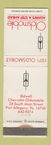 Matchbook Cover - 1971 Oldsmobile Bidwell Chevrolet Port Allegany PA WORN