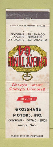 Matchbook Cover - 1964 Chevrolet Grosshans Pontiac Buick Aurora NE WORN STAINED