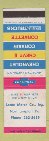 Matchbook Cover - 1963 Chevrolet Lentz Northampton PA WEAR