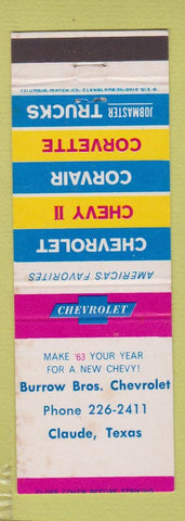 Matchbook Cover - 1963 Chevrolet Burrow Bros Claude TX WEAR