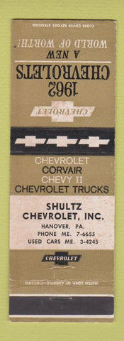 Matchbook Cover - 1962 Chevrolet Shultz Hanover PA STAINED