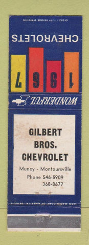 Matchbook Cover - 1967 Chevrolet Gilbert Bros Muncy Montoursville PA WORN