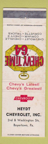 Matchbook Cover - 1964 Chevrolet Heydt Boyertown PA WORN