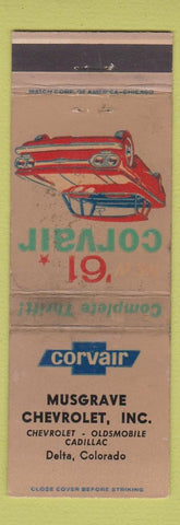 Matchbook Cover - 1961 Chevrolet Corvair Musgrave Delta Colorado Cadillac WORN