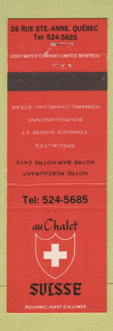 Matchbook Cover - Au Chalet Suisse Quebec QC