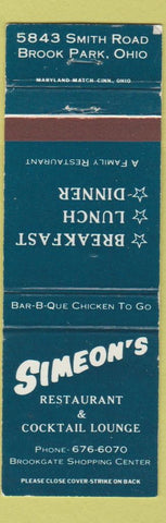 Matchbook Cover - Simeon's Restaurant Brook Park OH WEAR