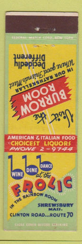 Matchbook Cover - Frlic Restaurant Shrewsbury MA Burrow Room Federal