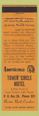 Matchbook Cover - Tower Circle Motel Buxton NC low phone Perkins Americana WEAR