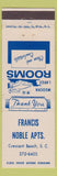 Matchbook Cover - Francis Noble Apartments Crescent Beach SC