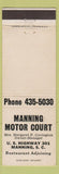 Matchbook Cover - Manning Motor Court Manning SC